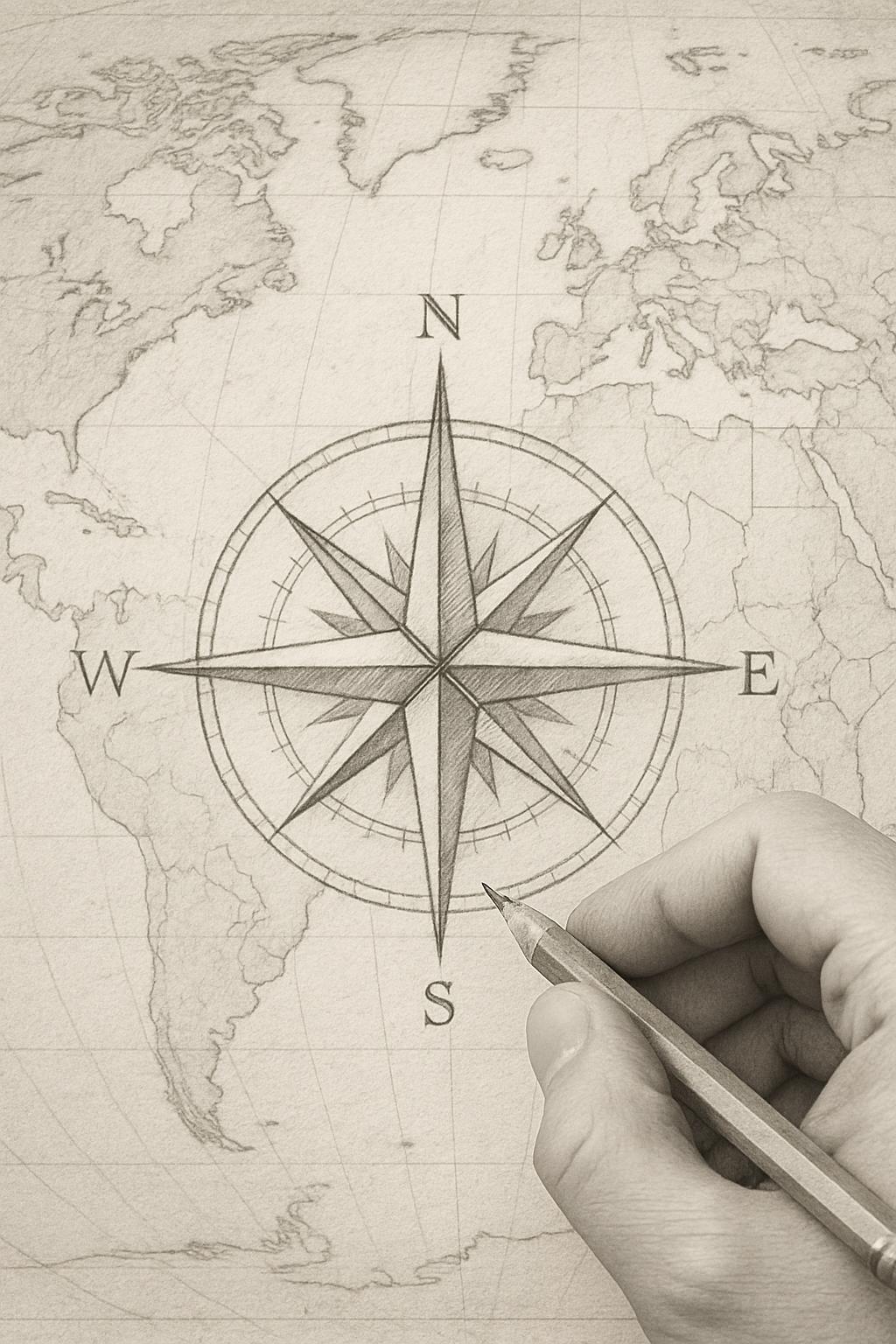 Hand drawing an illustrated compass on a world map, with pencil and paper.