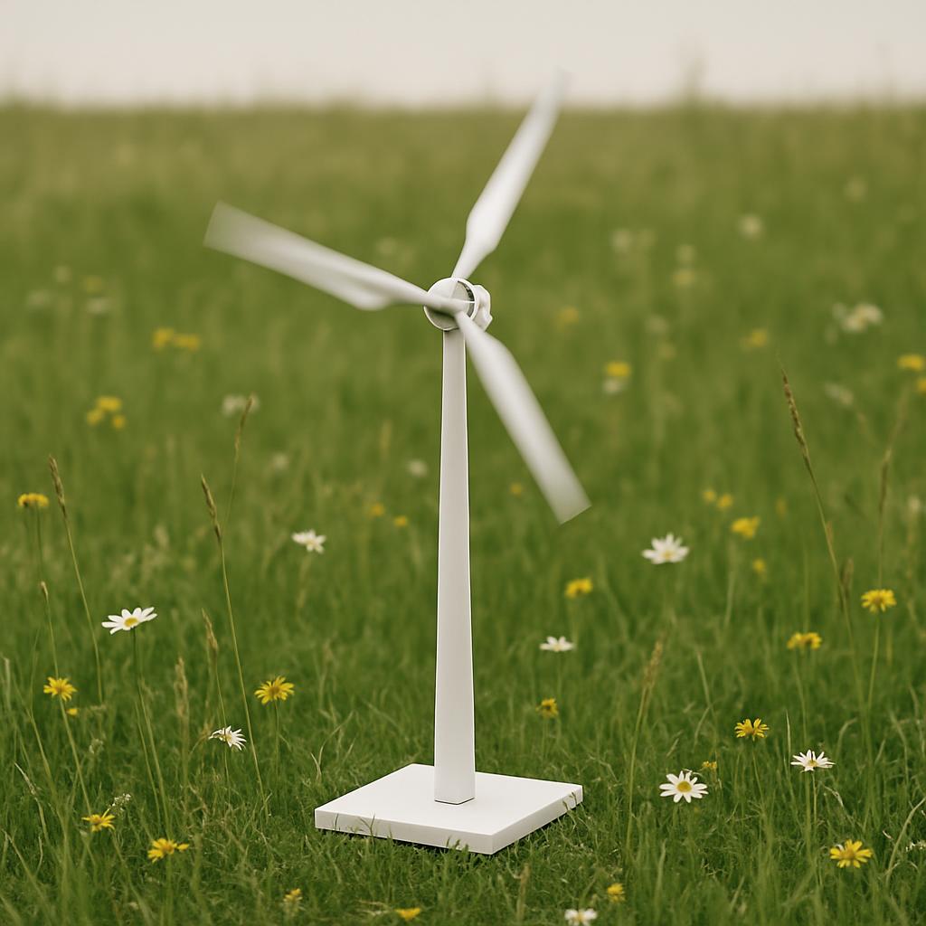 A small white wind turbine model standing in a field of green grass and flowering wildflowers.