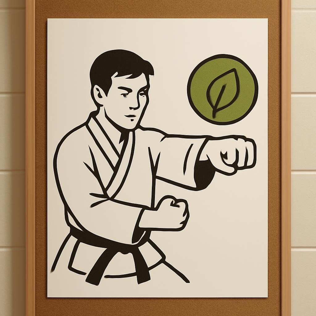 martial artist doing a punch, with a leaf as a symbol of environmentalism
